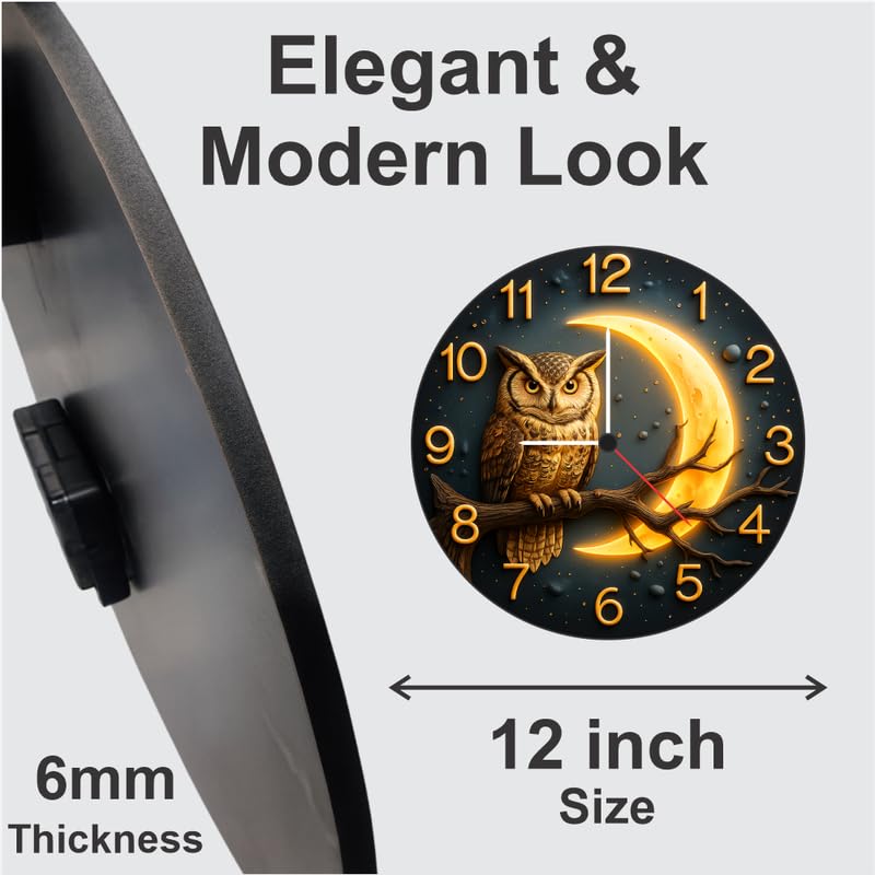 3D Wooden Owl Moon Wall Clock – 12 Inch Nature Décor