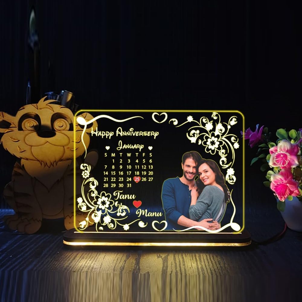 Personalized Acrylic LED Anniversary Photo Frame with Wooden Base