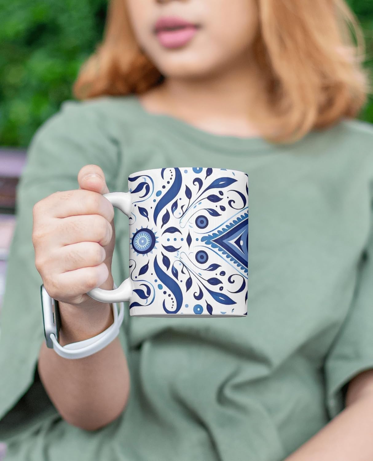 Blue Floral Mandala Ceramic Coffee Mug – 325ml White Cup