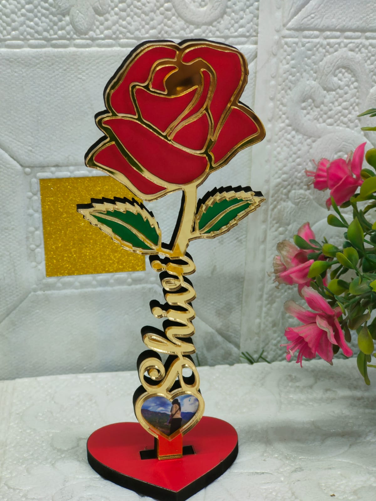 Personalized Golden Rose Photo Stand with Name
