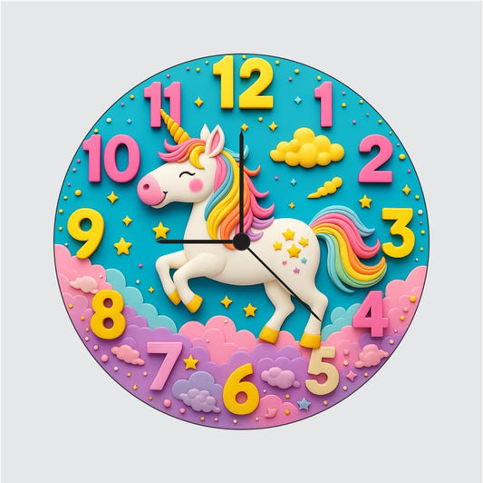 3D Wooden Unicorn Wall Clock – 12 Inch Kids Room Décor