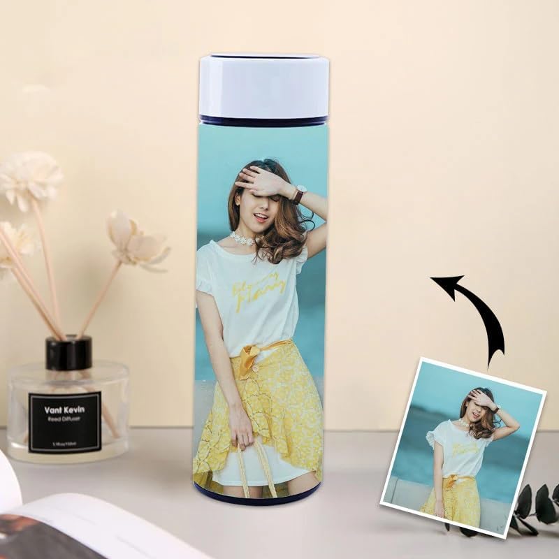 Customized LED Temperature Steel Bottle (White) with Photo Print