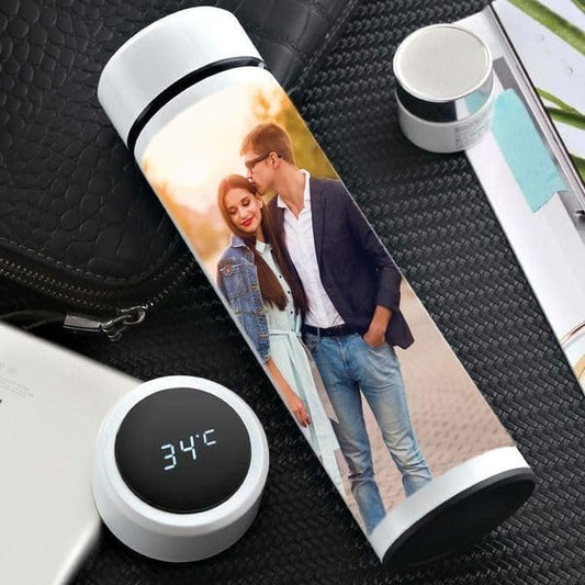 Customized LED Temperature Steel Bottle (White) with Photo Print