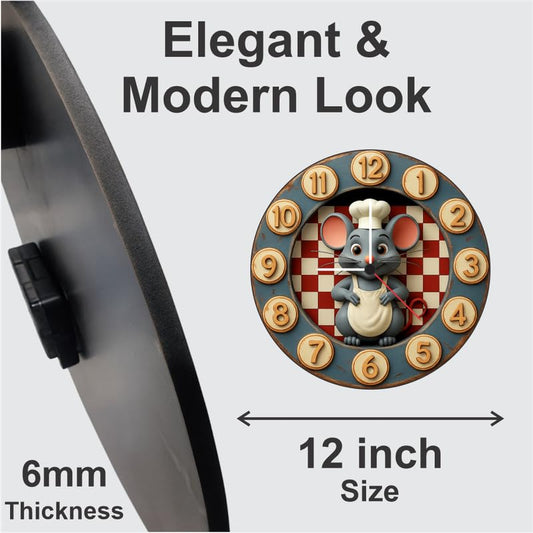 3D Wooden Chef Mouse Wall Clock – 12 Inch Kitchen Décor