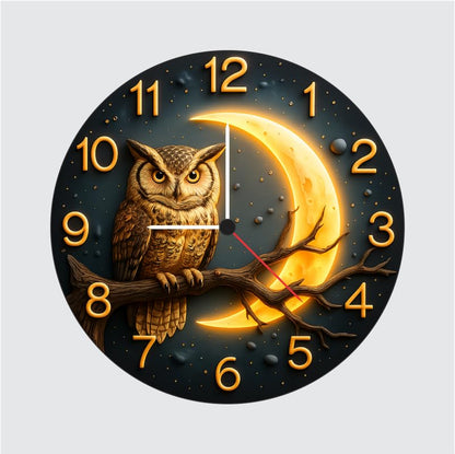 3D Wooden Owl Moon Wall Clock – 12 Inch Nature Décor