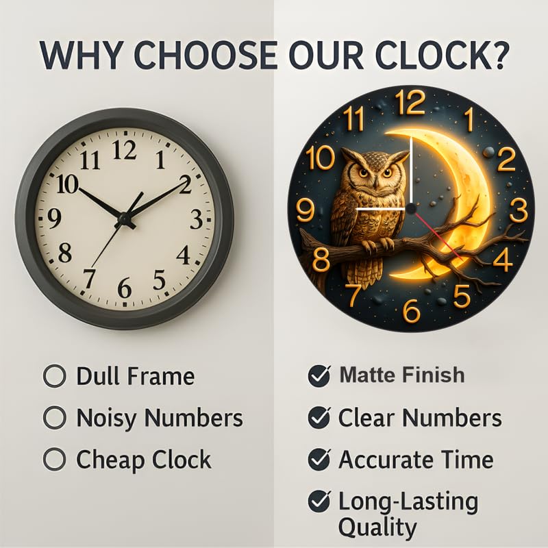 3D Wooden Owl Moon Wall Clock – 12 Inch Nature Décor