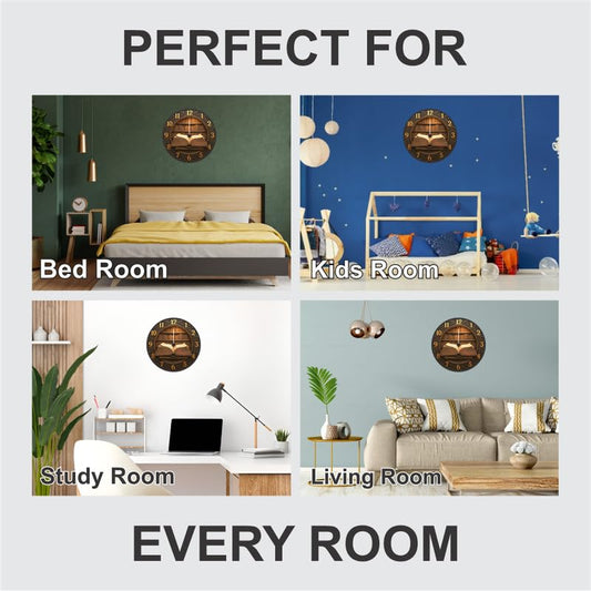 3D Wooden Book Wall Clock – 12 Inch Vintage Study Décor