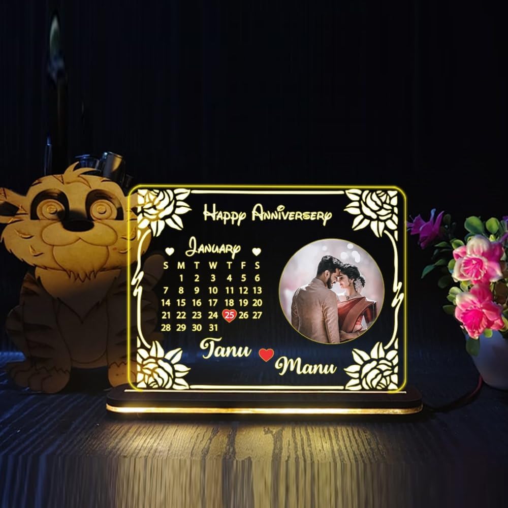 Personalized Acrylic LED Anniversary Photo Frame with Wooden Base