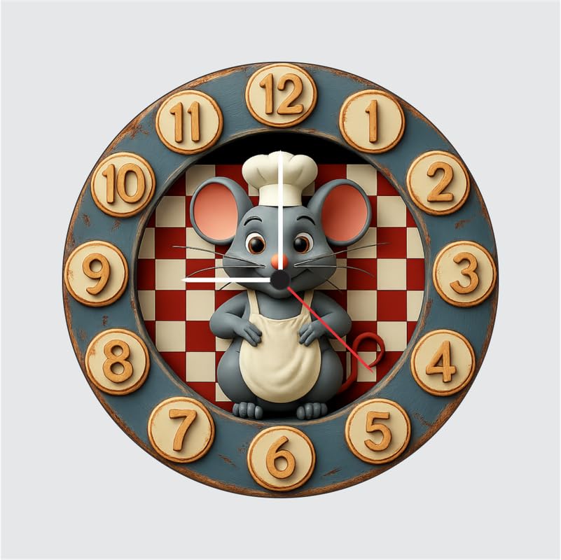 3D Wooden Chef Mouse Wall Clock – 12 Inch Kitchen Décor