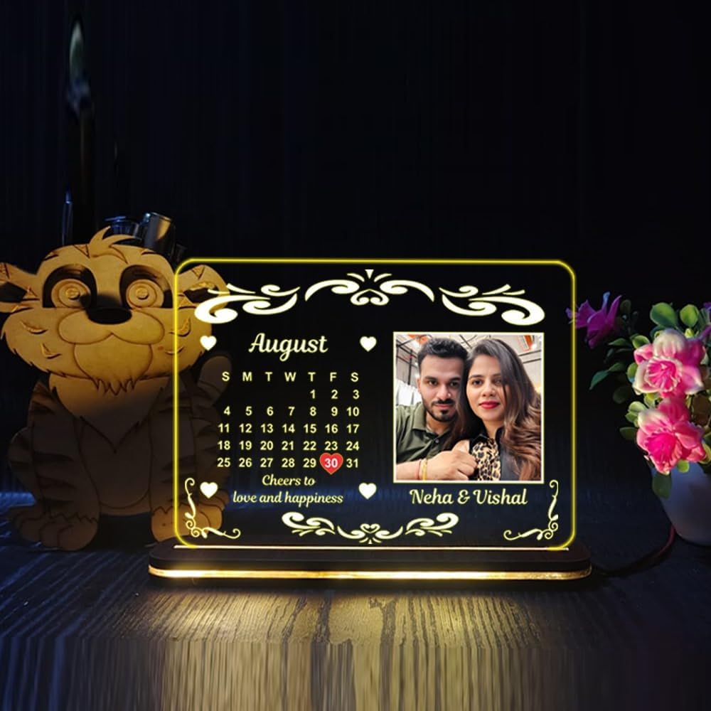 Personalized Acrylic LED Anniversary Photo Frame with Wooden Base