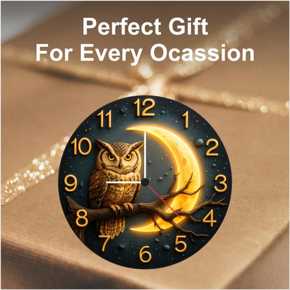3D Wooden Owl Moon Wall Clock – 12 Inch Nature Décor