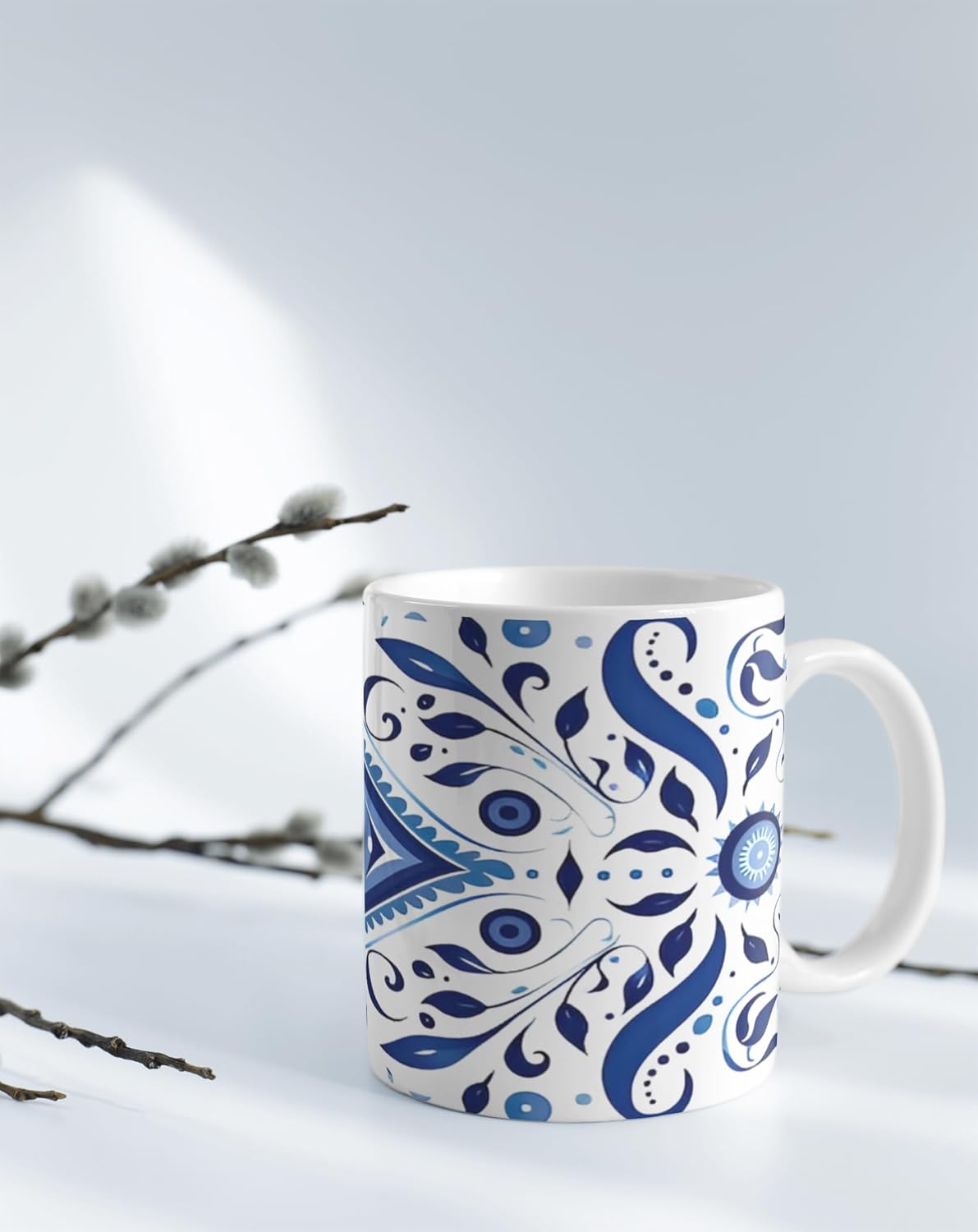 Blue Floral Mandala Ceramic Coffee Mug – 325ml White Cup