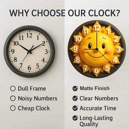 3D Wooden Sun Wall Clock – 12 Inch Smiling Home Décor