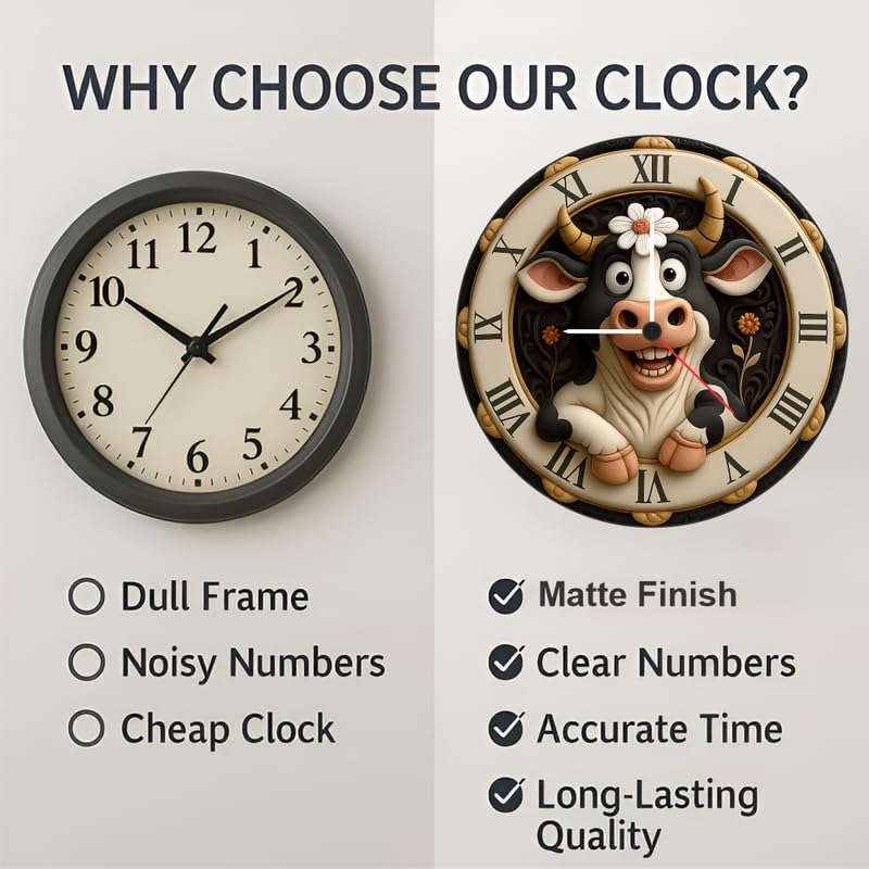 3D Wooden Cow Wall Clock – 12 Inch Farm Theme Home Décor