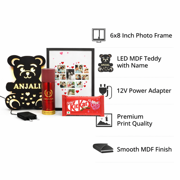 4 in 1 Customized Romantic Gift Combo with LED Teddy Frame