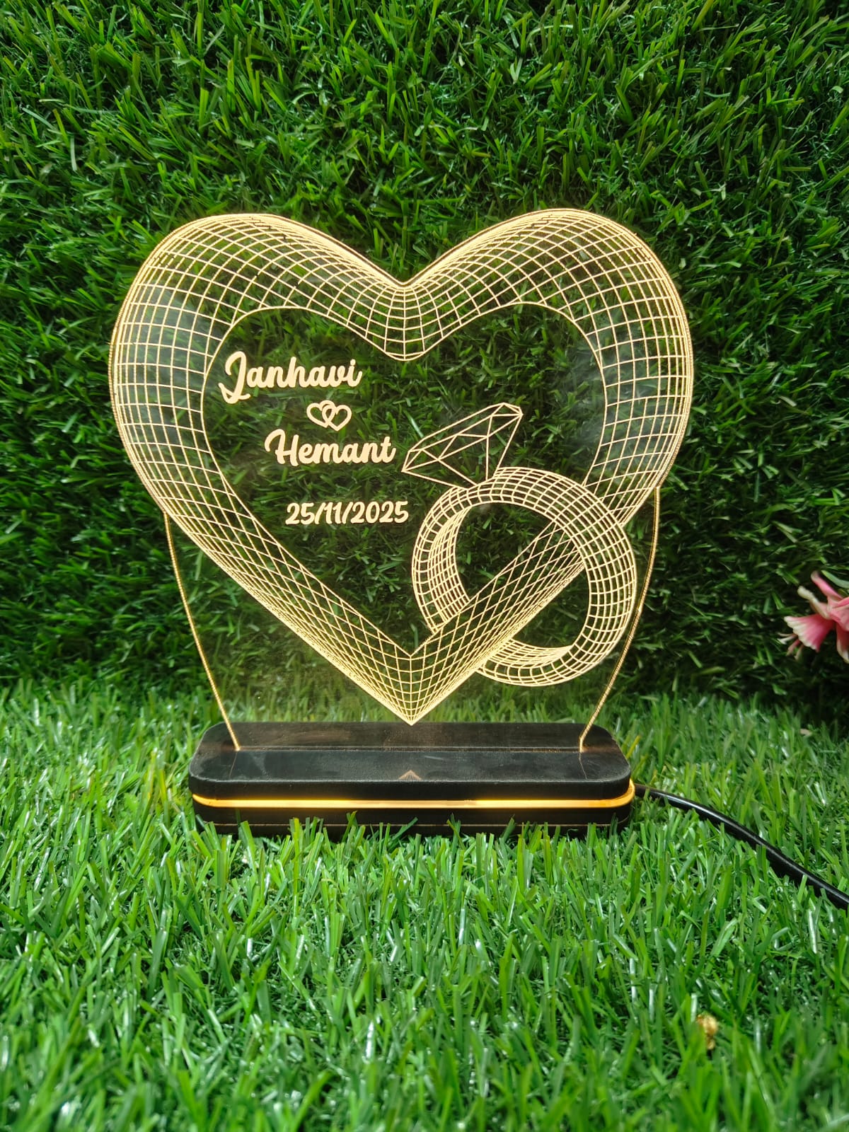Personalized 3D LED Acrylic Heart Lamp with Wooden Base