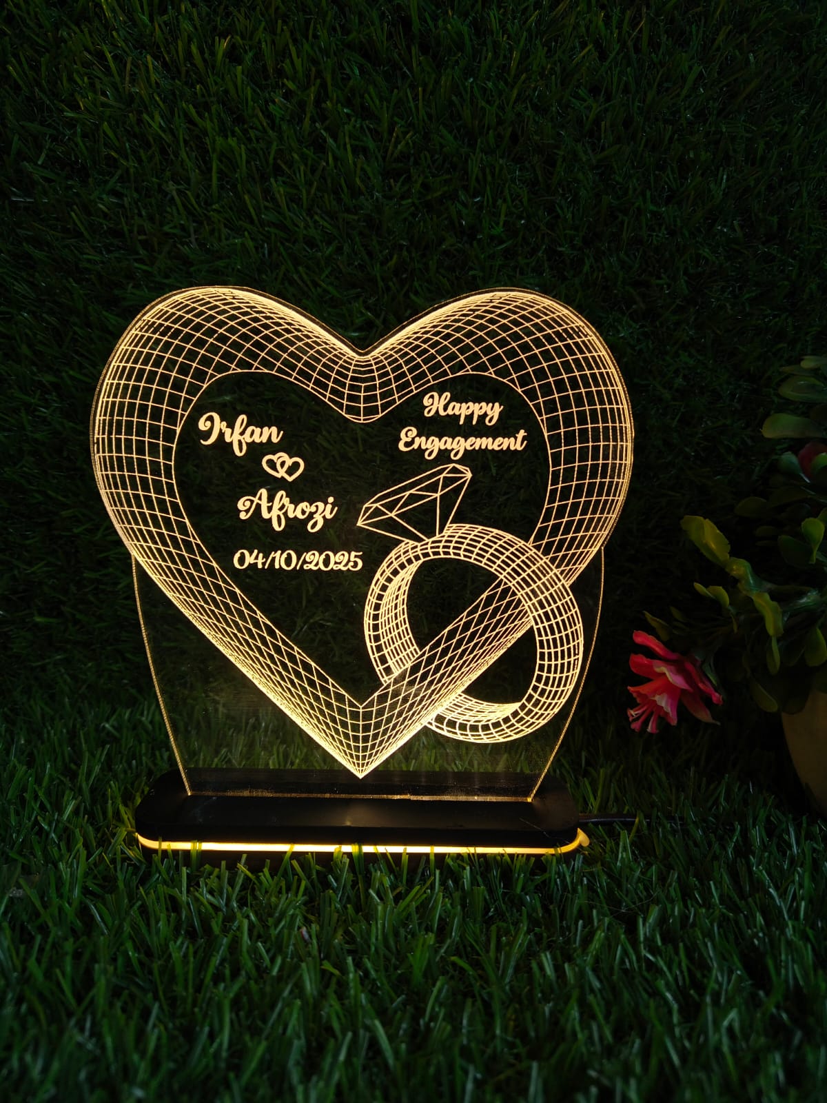 Personalized 3D LED Acrylic Heart Lamp with Wooden Base