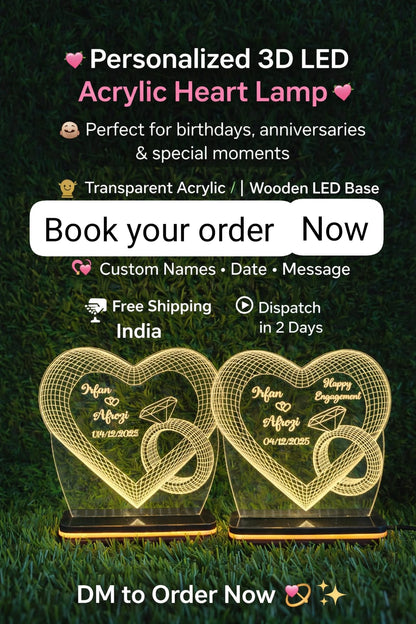 Personalized 3D LED Acrylic Heart Lamp with Wooden Base