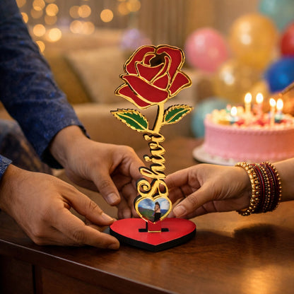Personalized Golden Rose Photo Stand with Name