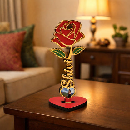 Personalized Golden Rose Photo Stand with Name