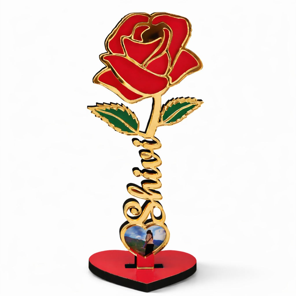 Personalized Golden Rose Photo Stand with Name