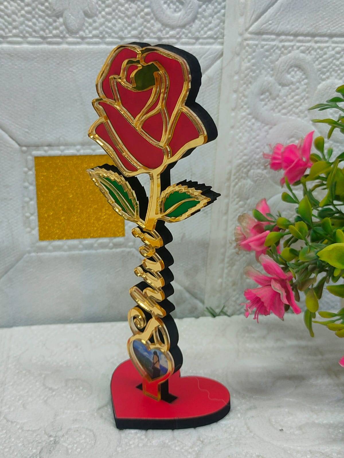 Personalized Golden Rose Photo Stand with Name
