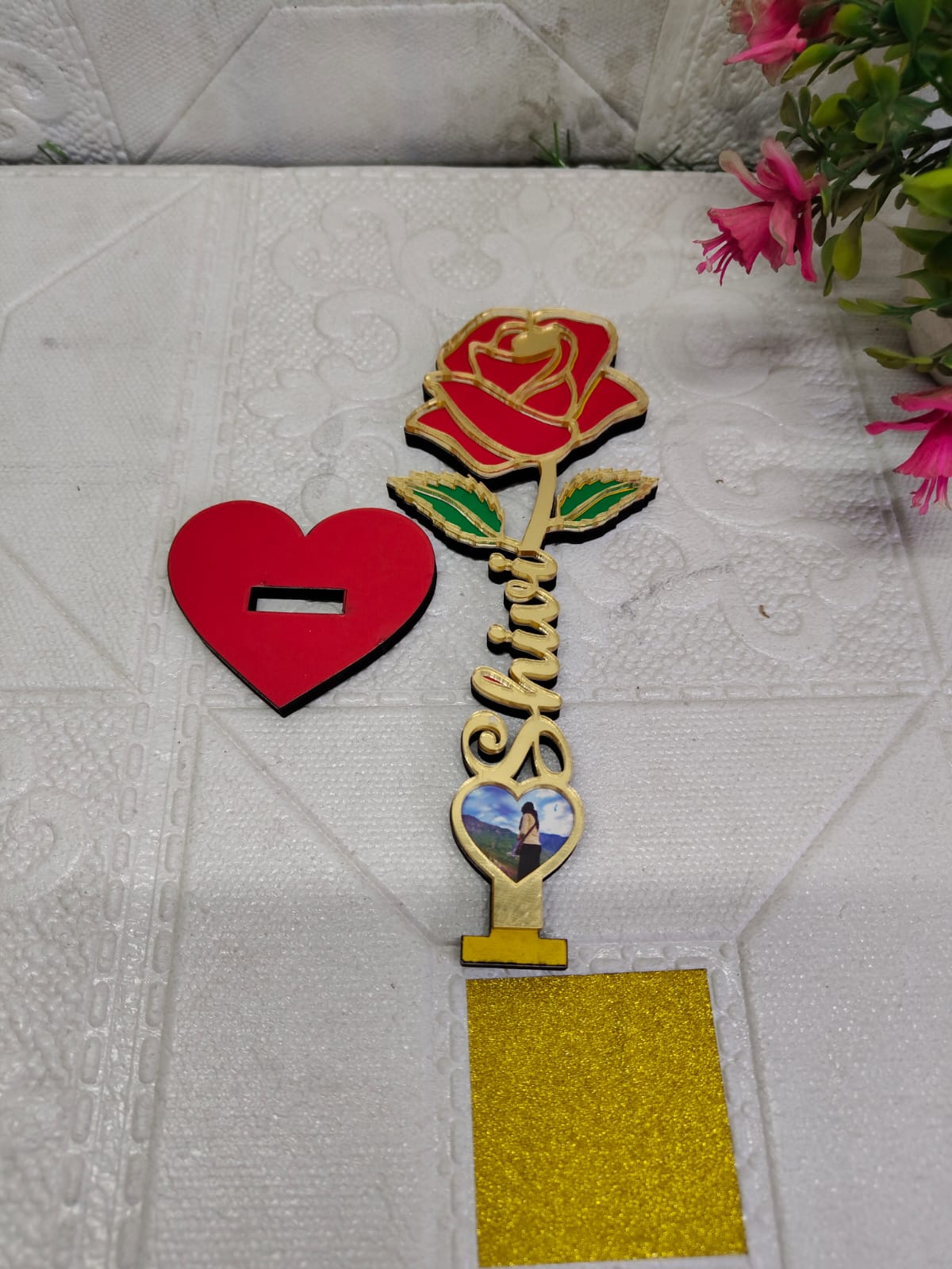 Personalized Golden Rose Photo Stand with Name