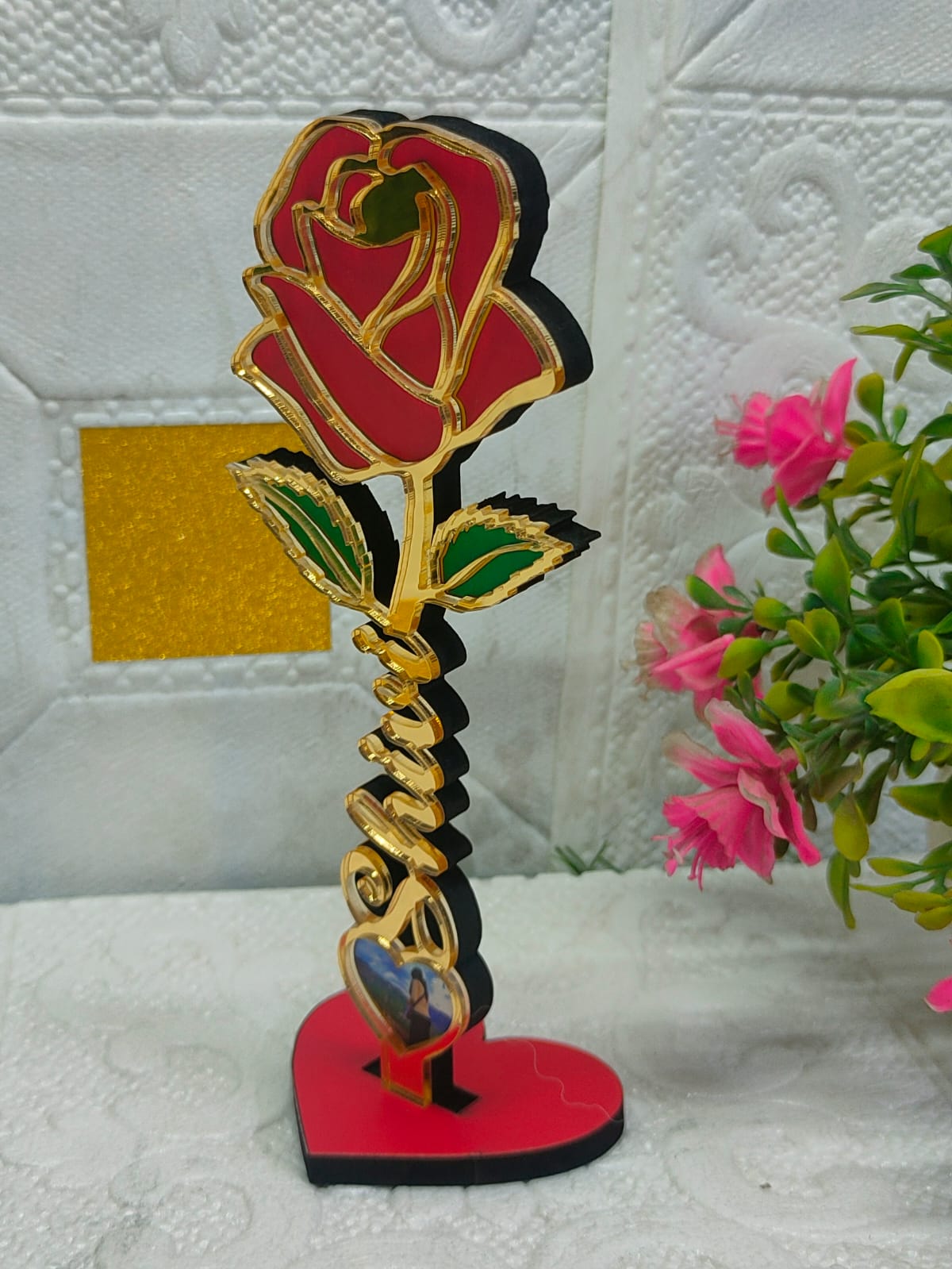 Personalized Golden Rose Photo Stand with Name