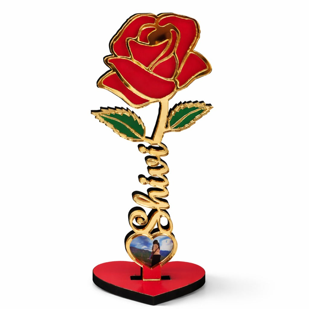 Personalized Golden Rose Photo Stand with Name