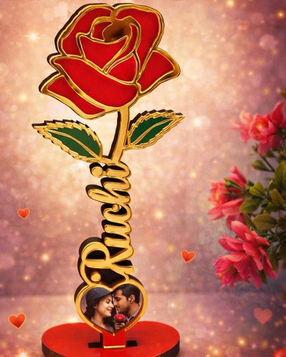 Personalized Golden Rose Photo Stand with Name