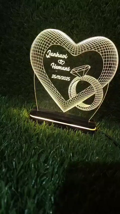 Personalized 3D LED Acrylic Heart Lamp with Wooden Base